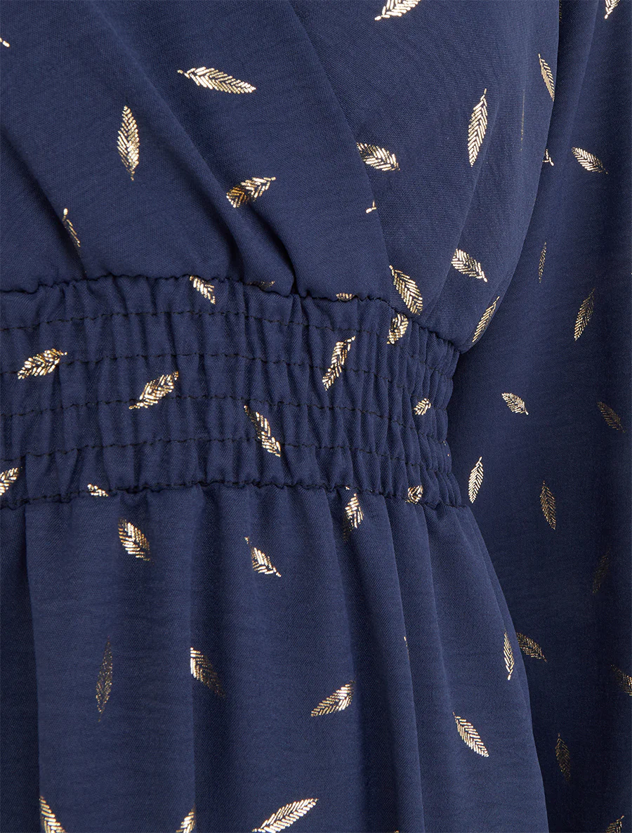 Robe évasée à imprimé plumes dorées - Marine - Image 3