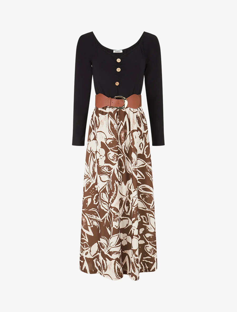 Robe évasée à jupe imprimé fleurs - Marron
