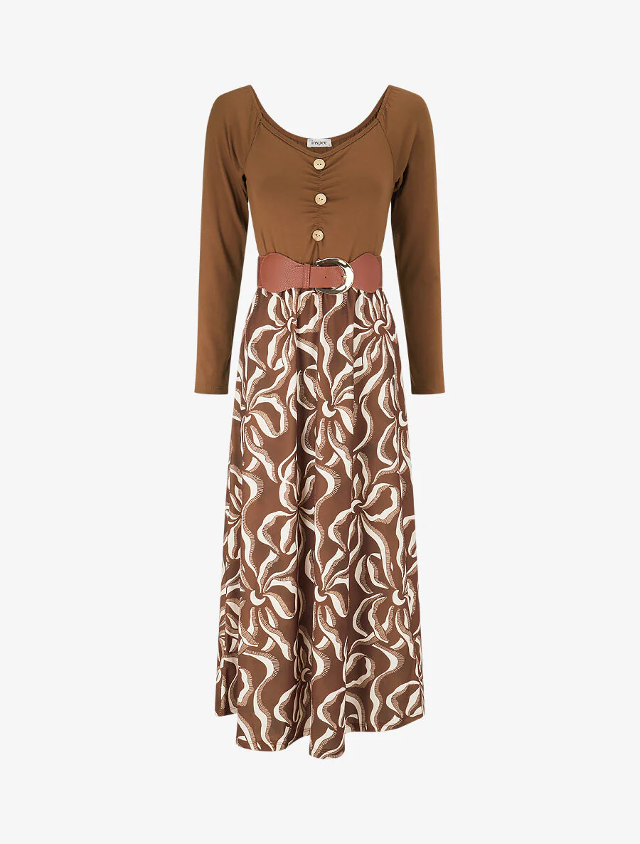 Robe évasée à jupe imprimée - Marron