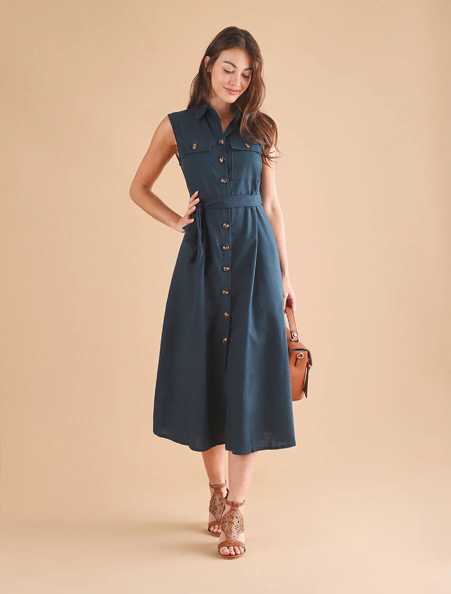 Robe évasée boutonnée à poches - Bleu pétrole - Image 4