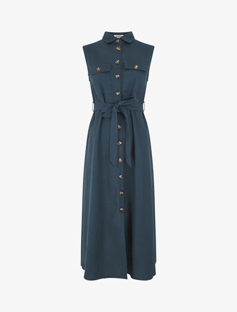 Robe évasée boutonnée à poches - Bleu pétrole - Image 5
