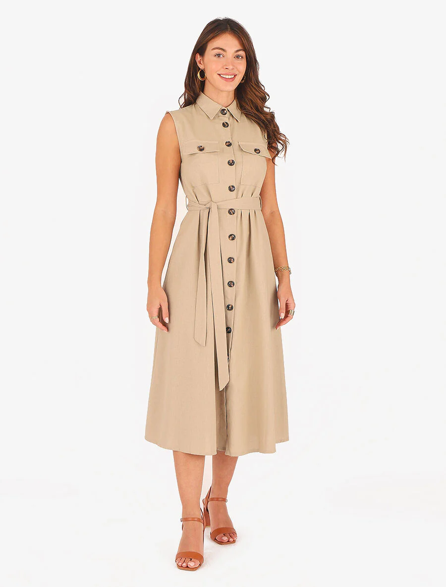 Robe évasée boutonnée à poches - Beige - Image 4