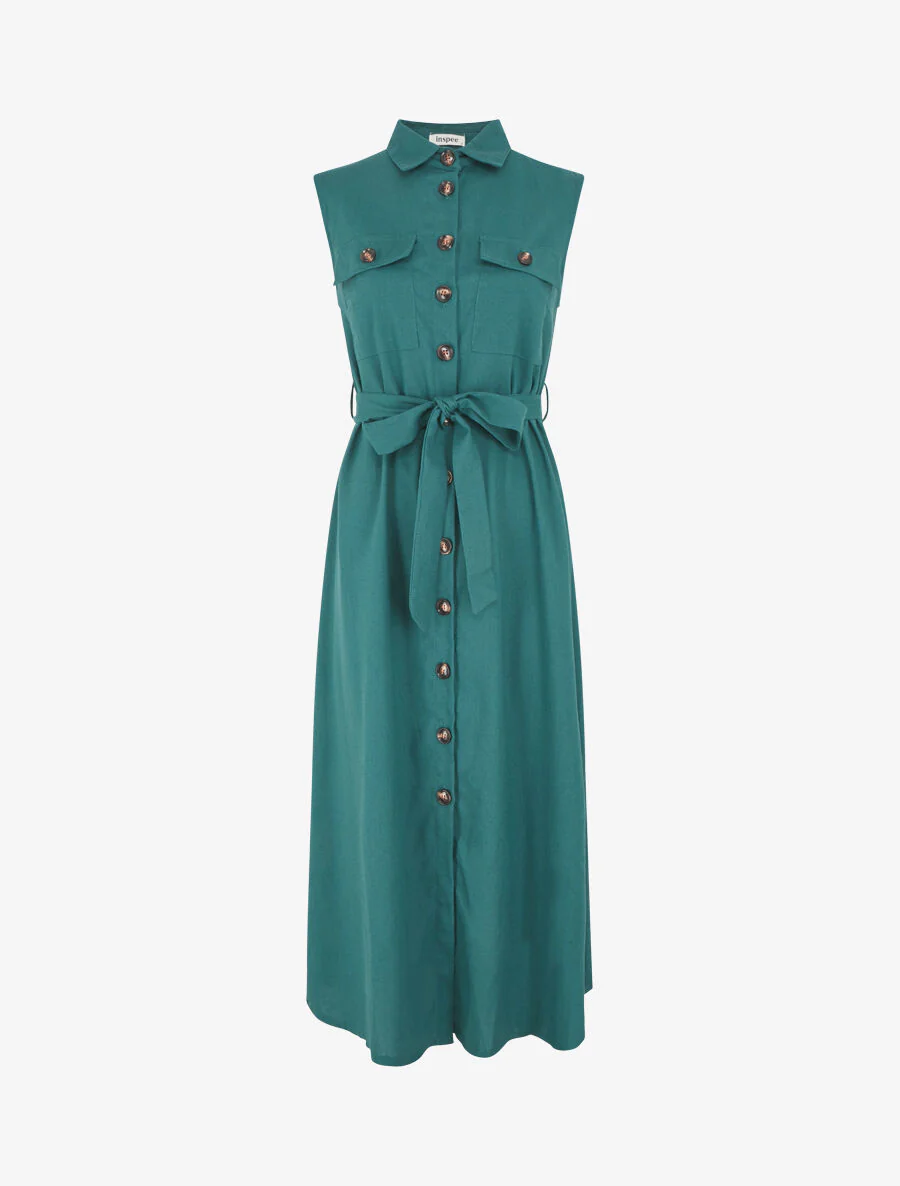 Robe évasée boutonnée à poches - Bleu canard