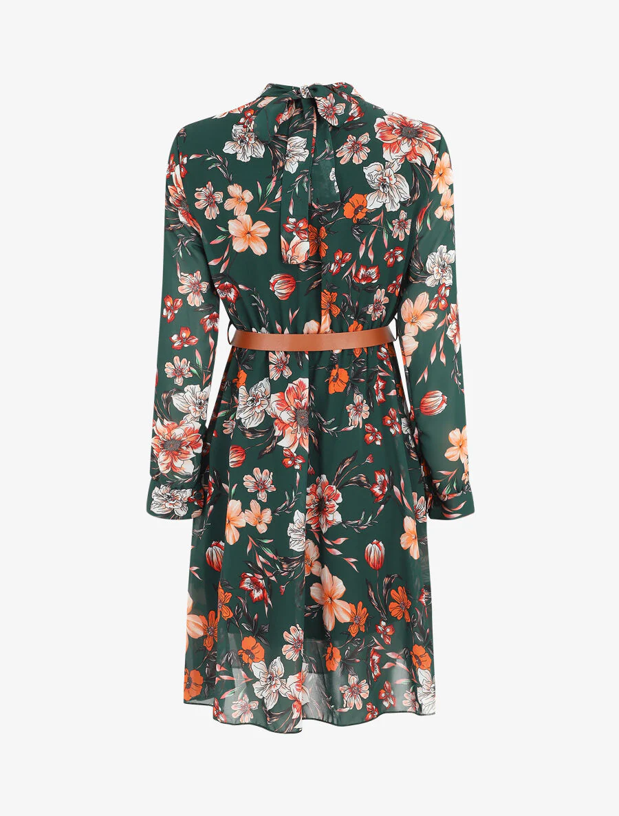 Robe évasée col montant imprimé fleurs sauvages - Vert foncé - Image 2