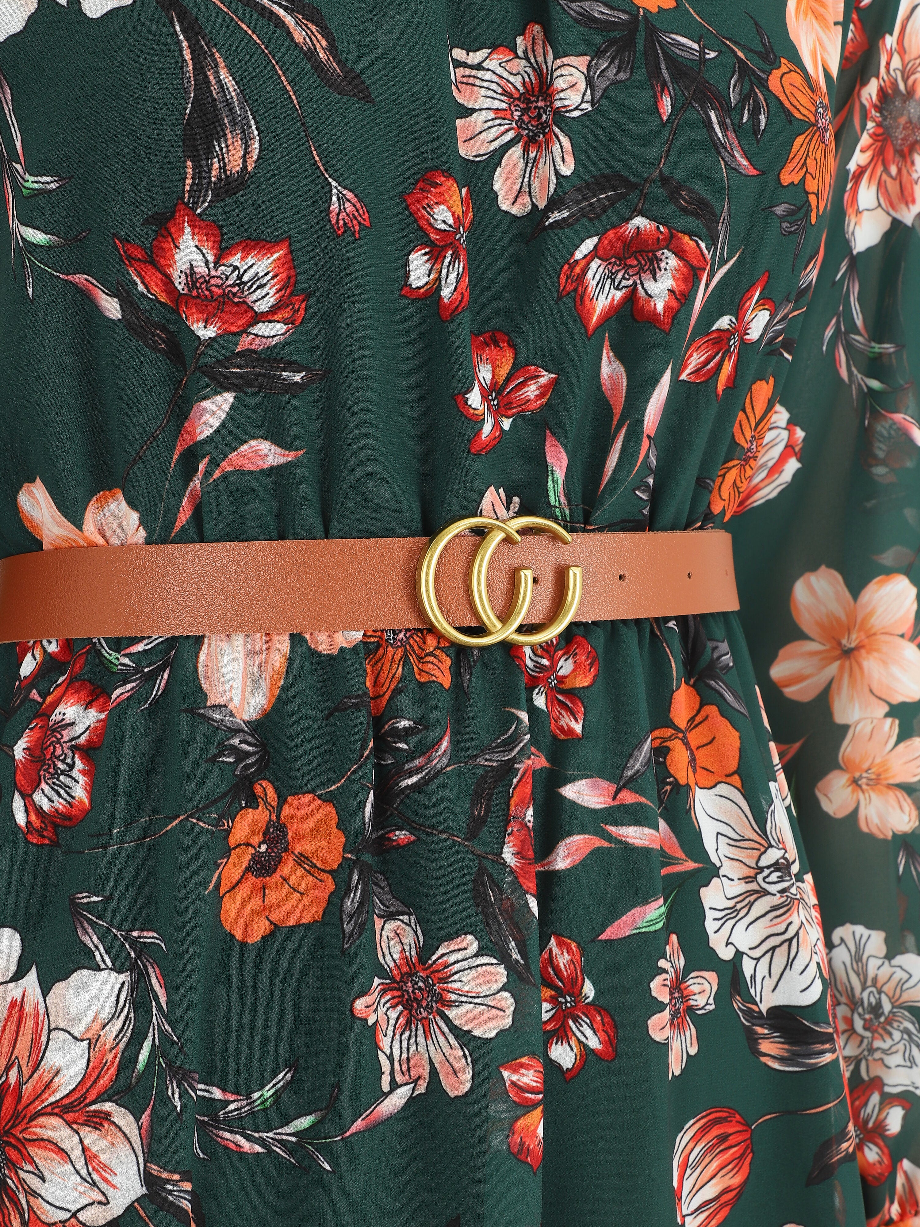Robe évasée col montant imprimé fleurs sauvages - Vert foncé - Image 3