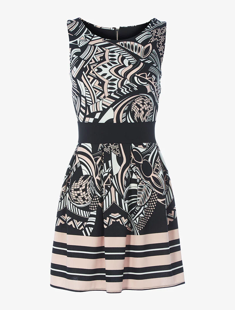 Robe évasée imprimé floral graphique - noir/rose