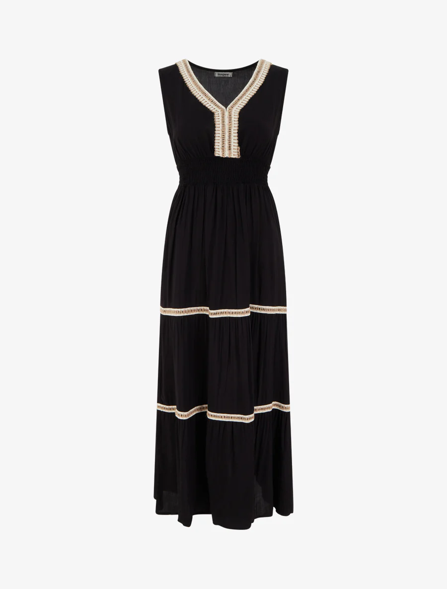 Robe évasée sans manches à col macramé - Noir