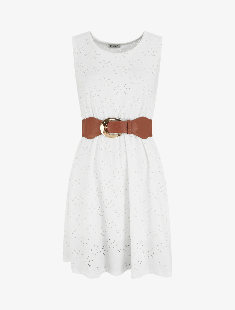 Robe évasée sans manches en broderie anglaise - Blanc