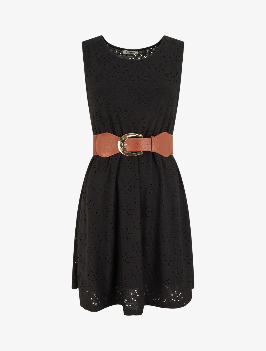 Robe évasée sans manches en broderie anglaise - Noir