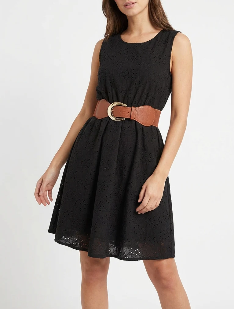Robe évasée sans manches en broderie anglaise - Noir - Image 4