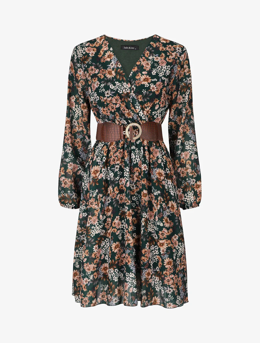 Robe fleuri col cache-coeur - Vert