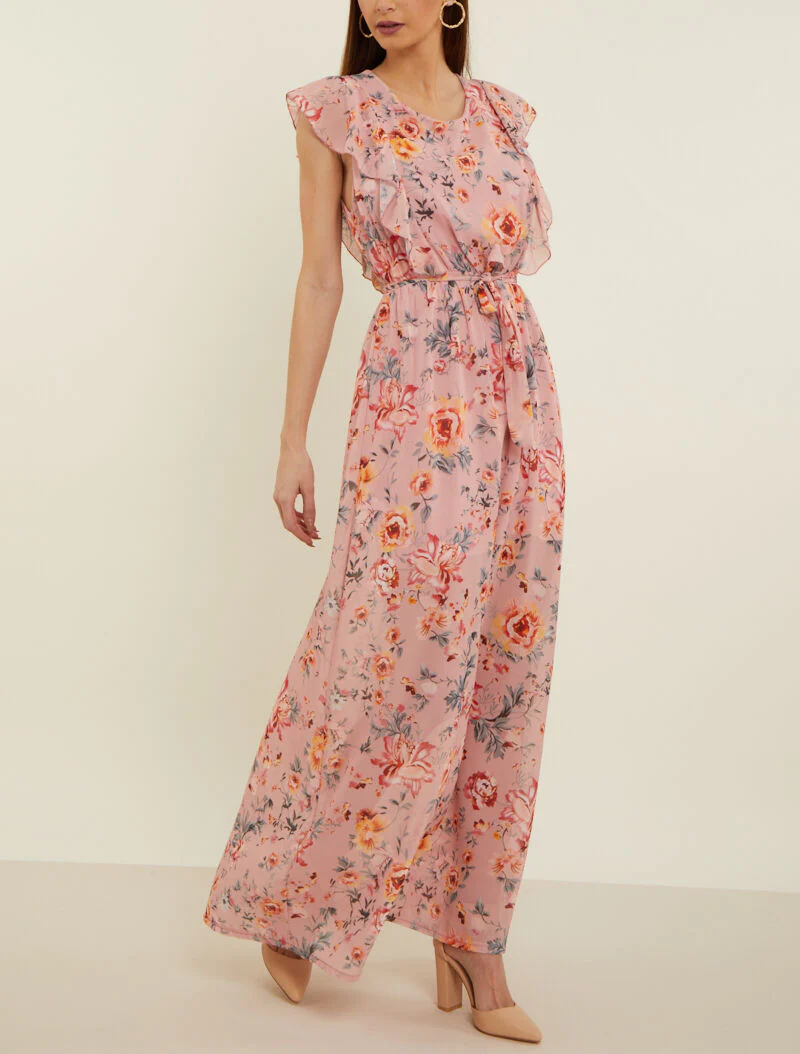 Robe fleurie à buste volanté - rose