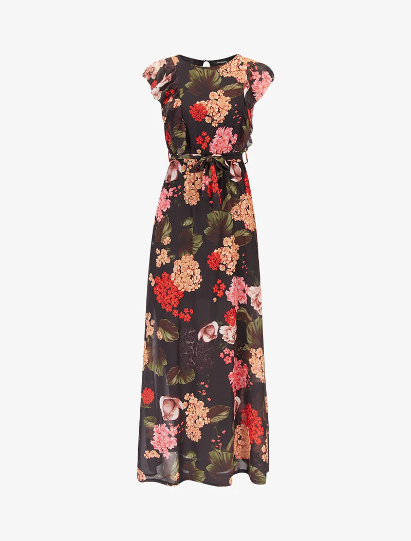 Robe fleurie à buste volanté - noir