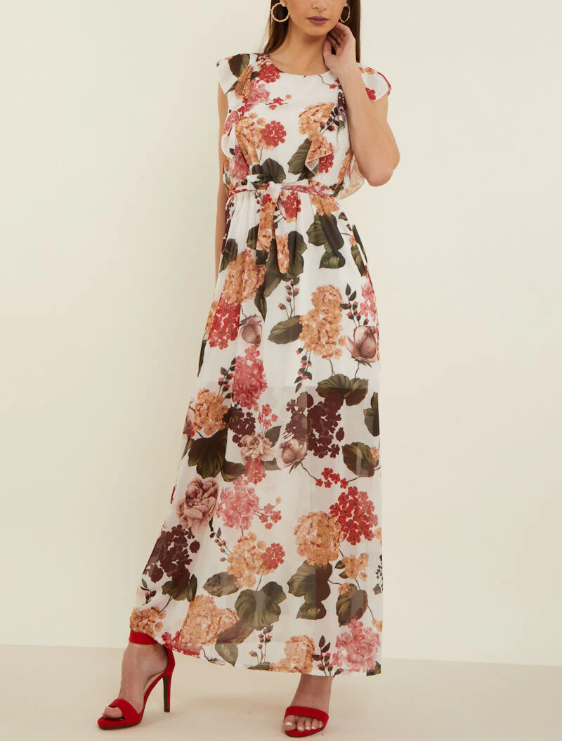 Robe fleurie à buste volanté - ecru