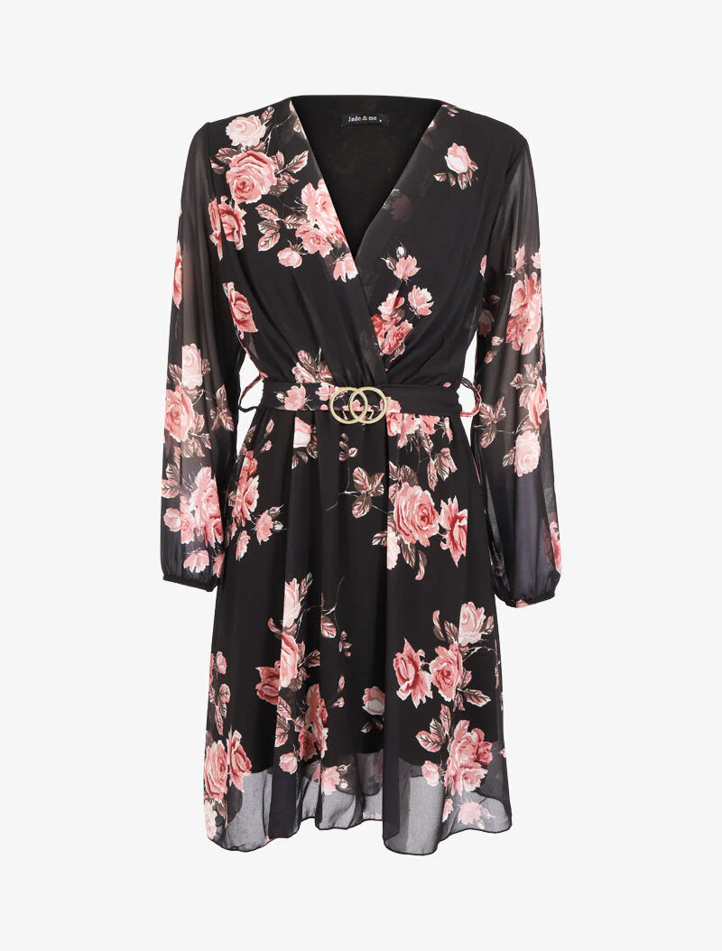 Robe fleurie à ceinture intégrée - noir
