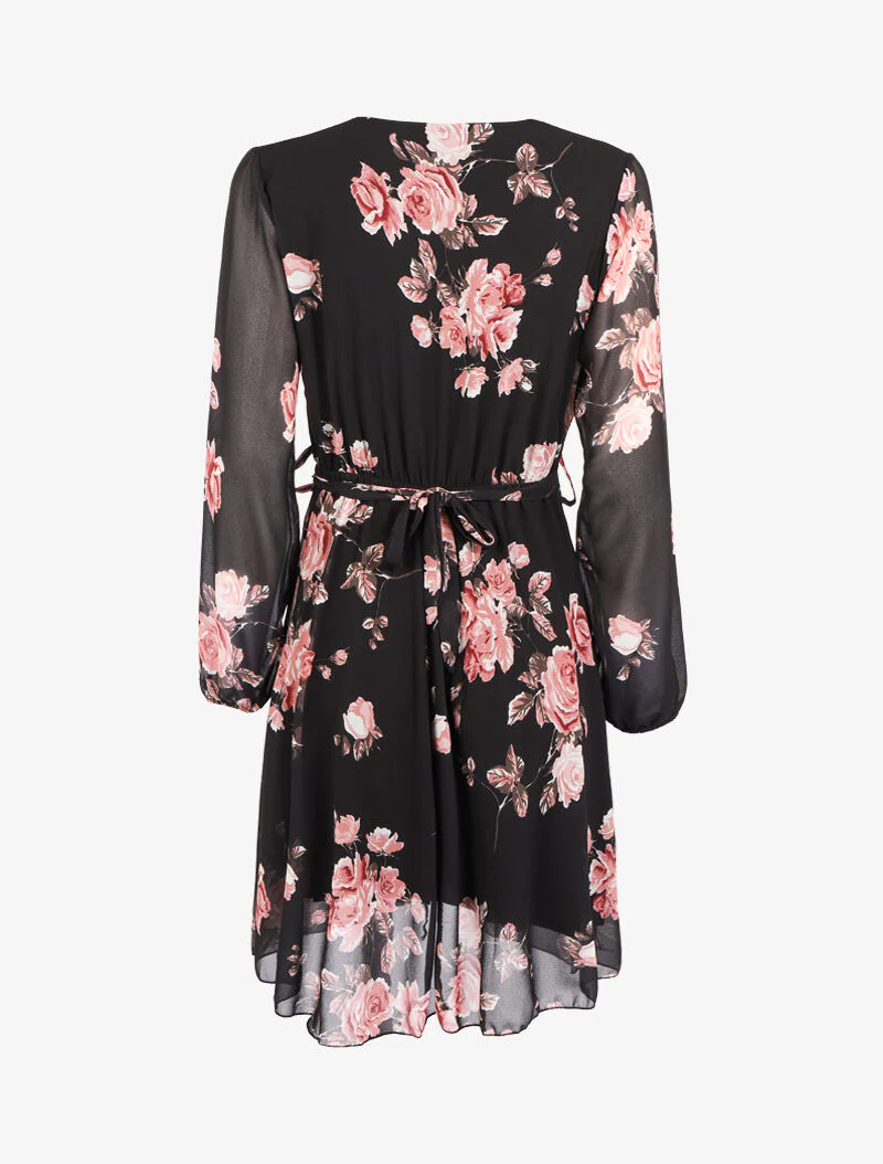 Robe fleurie à ceinture intégrée - noir - Image 2