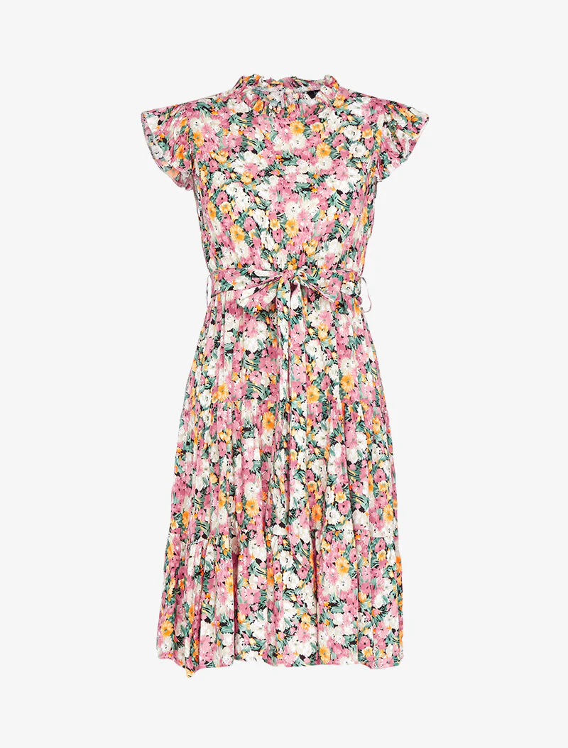 Robe fleurie à col montant volanté - rose - Image 3