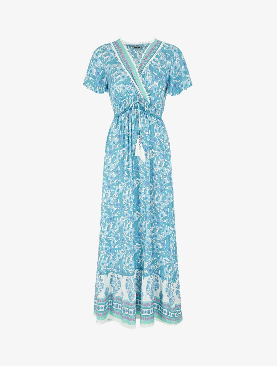Robe fleurie à cordons de serrage - Bleu ciel