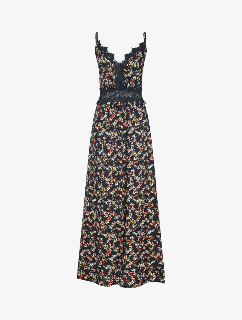 Robe fleurie à détails crochet - noir