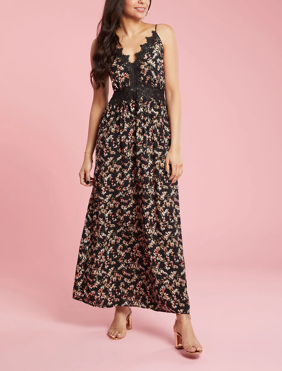 Robe fleurie à détails crochet - noir - Image 3