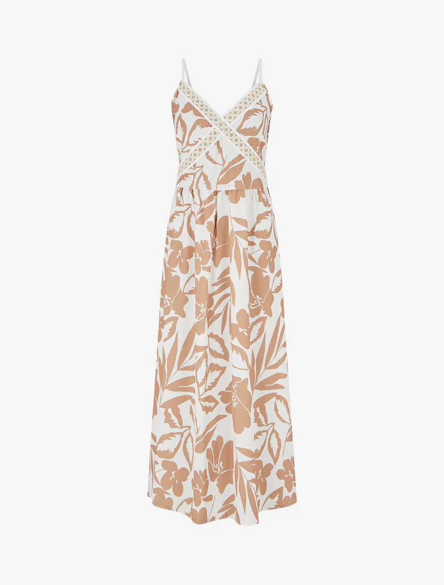 Robe fleurie à empiècement broderie - Camel