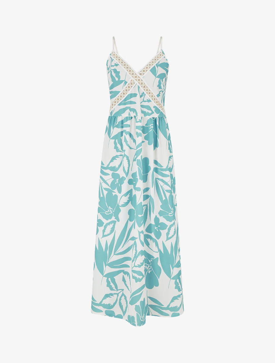 Robe fleurie à empiècement broderie - Turquoise