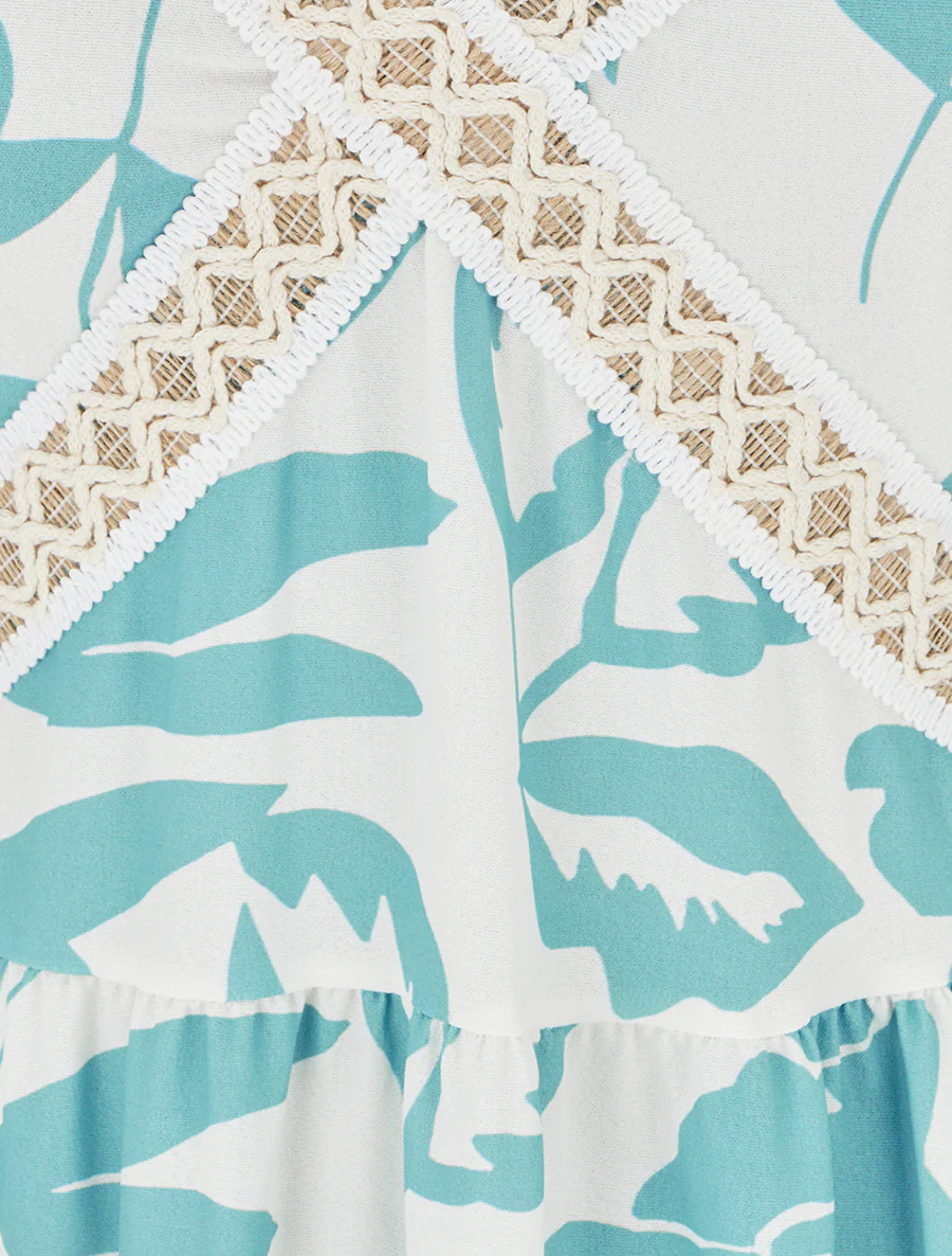 Robe fleurie à empiècement broderie - Turquoise - Image 3