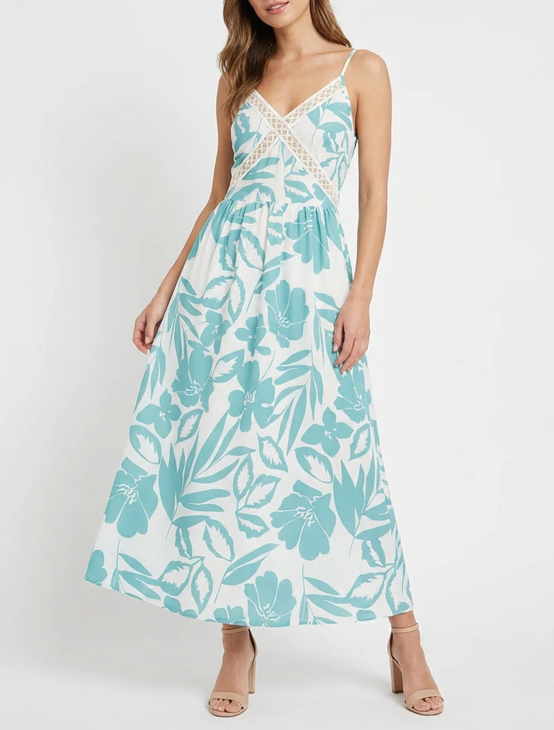 Robe fleurie à empiècement broderie - Turquoise - Image 4