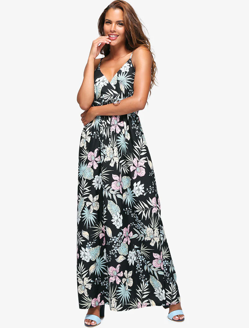 Robe fleurie à encolure cache-coeur - noir - Image 3