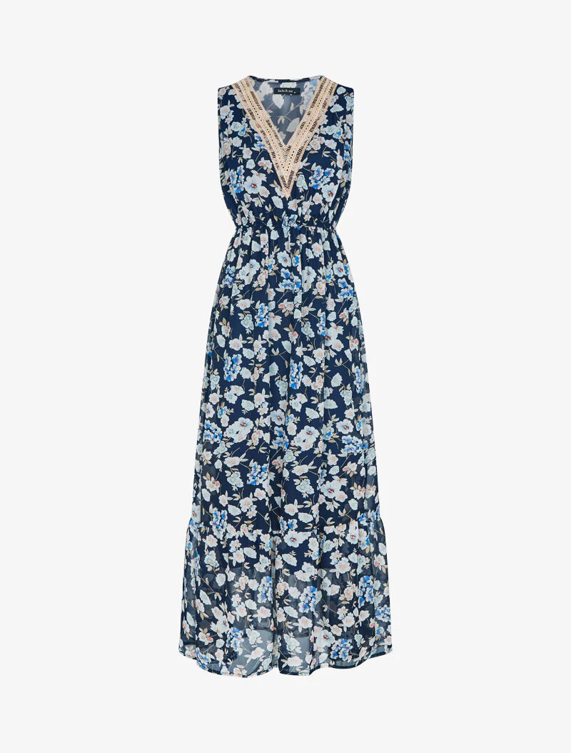 Robe fleurie à encolure V en crochet - marine