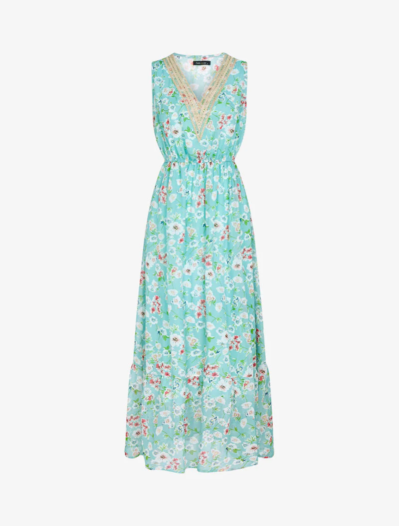 Robe fleurie à encolure V en crochet - vert d'eau
