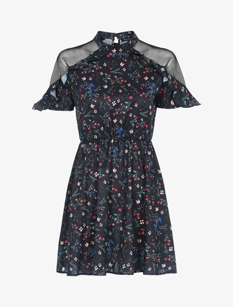 Robe fleurie à épaules ajourées - noir