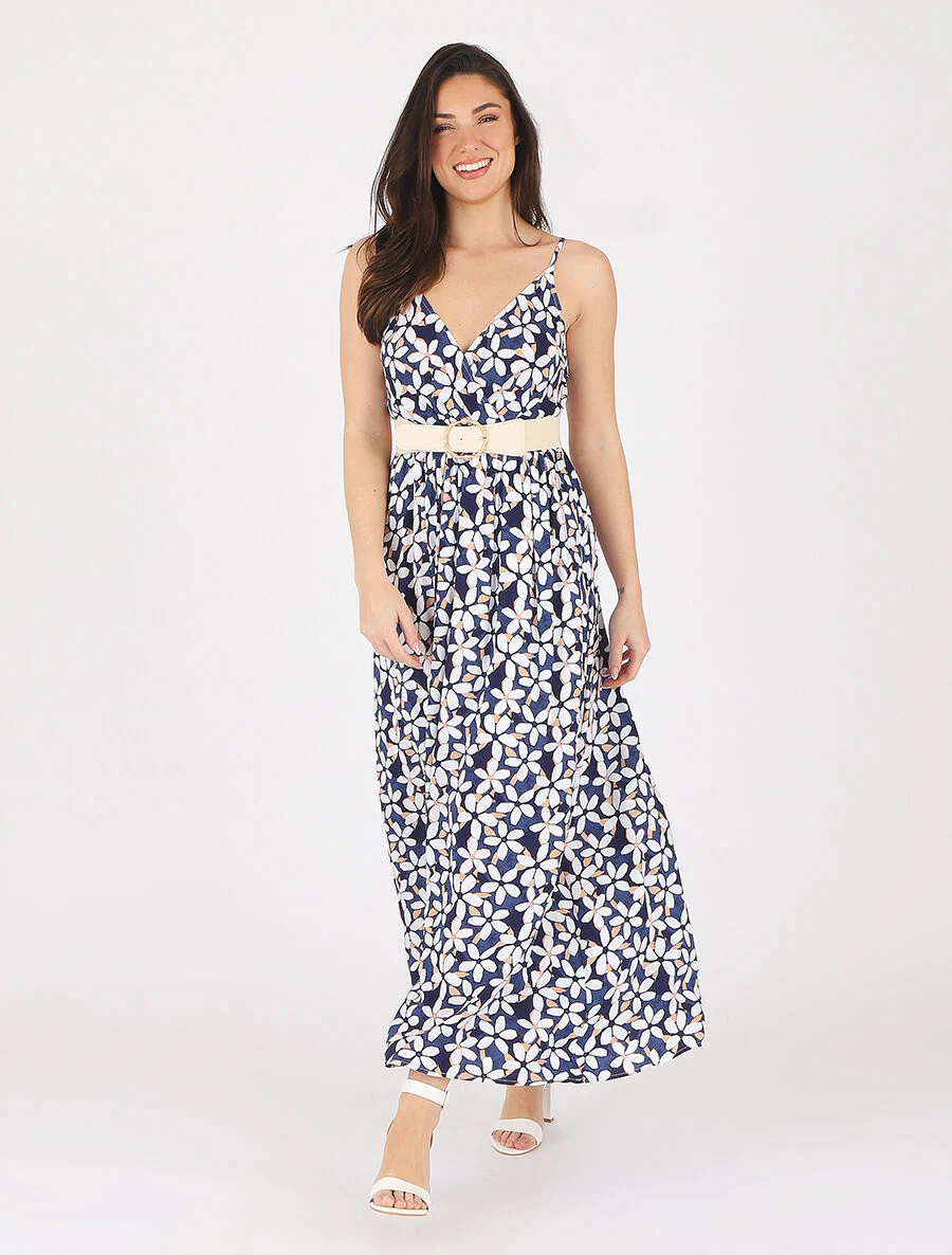 Robe fleurie à fines bretelles - Marine - Image 4