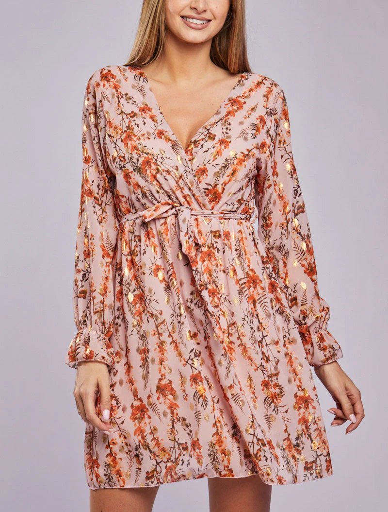 Robe fleurie lamée à col cache-coeur - Rose