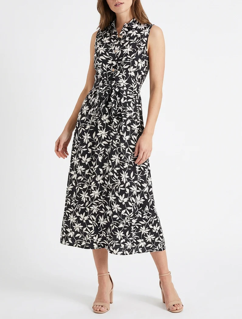 Robe fleurie sans manches à noeud - Noir - Image 4