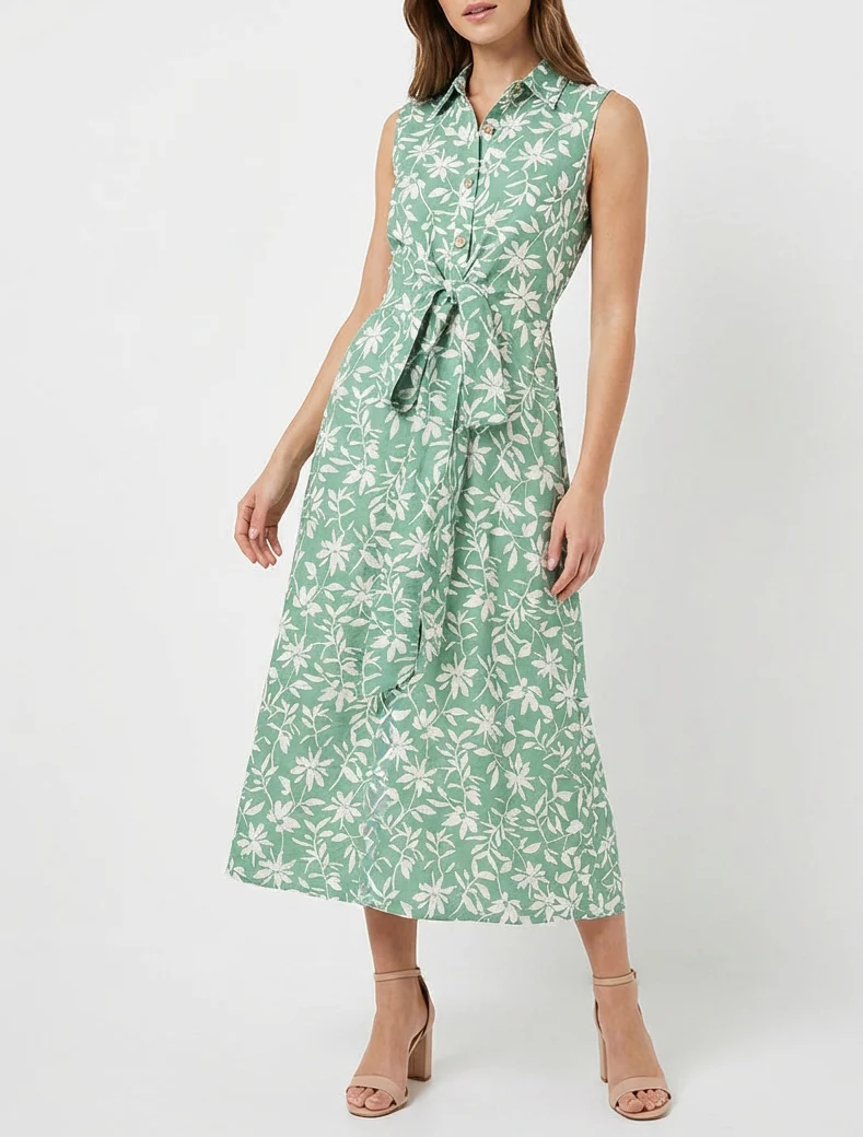 Robe fleurie sans manches à noeud - Vert - Image 4