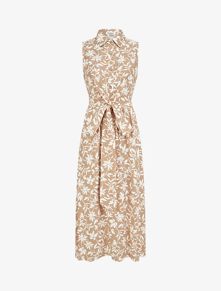 Robe fleurie sans manches à noeud - Beige