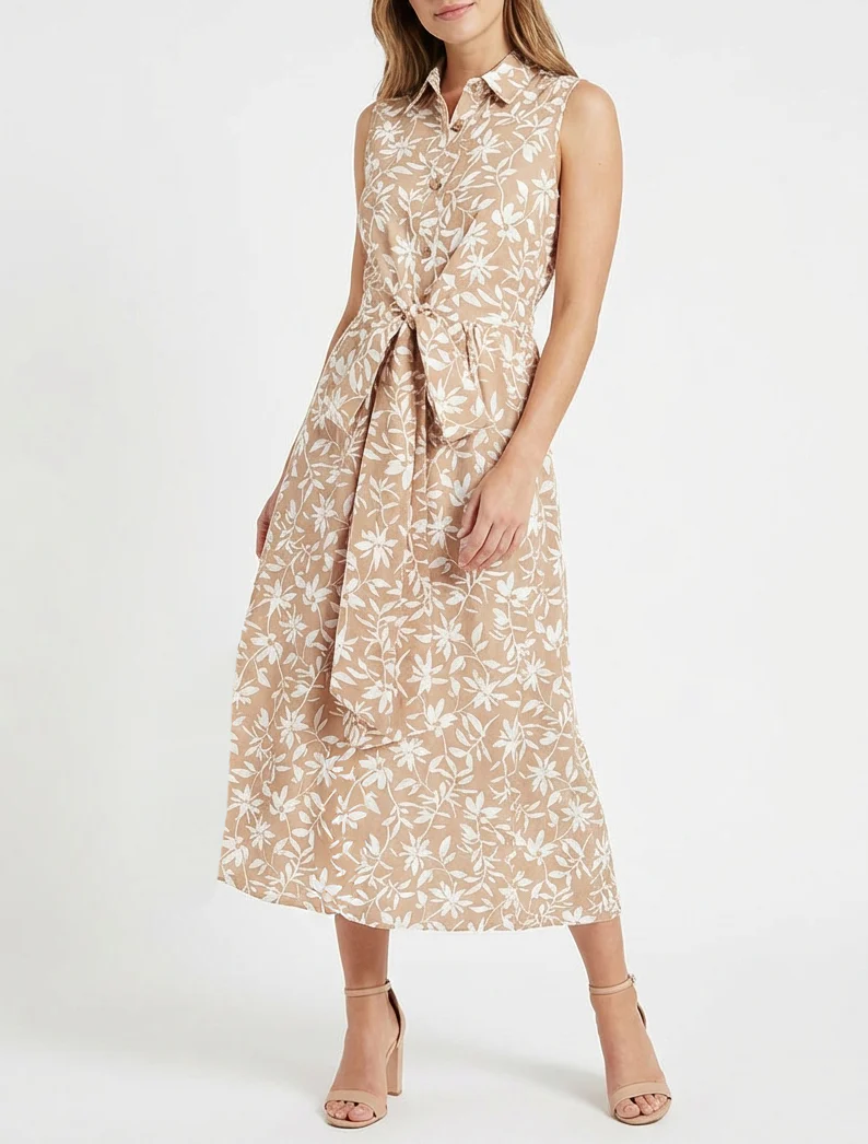 Robe fleurie sans manches à noeud - Beige - Image 4