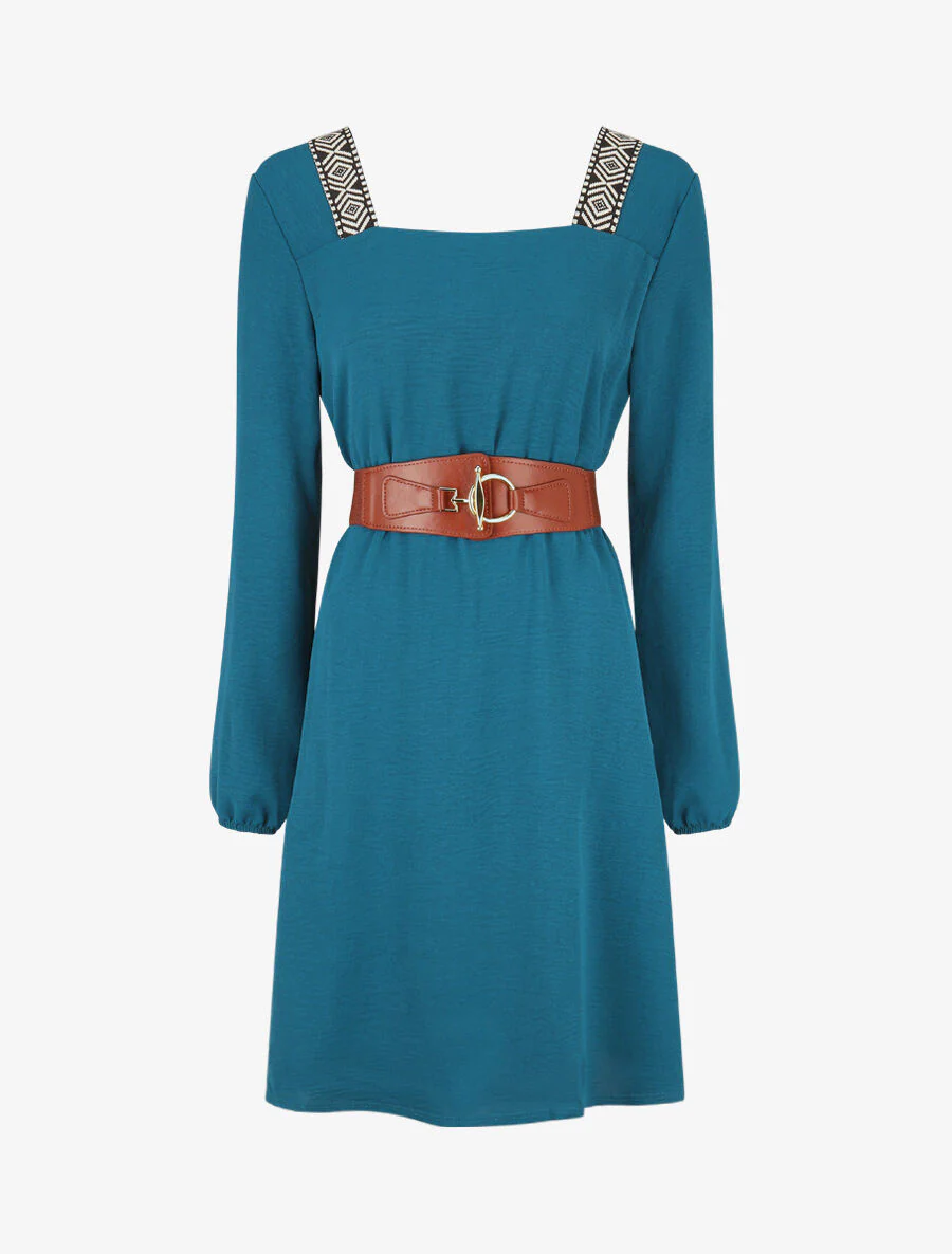 Robe fluide à col carré stylisé - Bleu pétrole