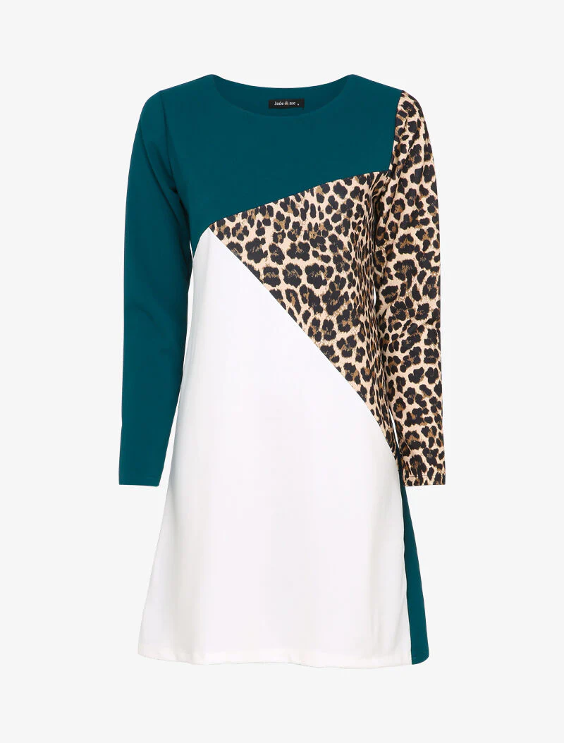 Robe fluide color block imprimé léopard - Bleu canard