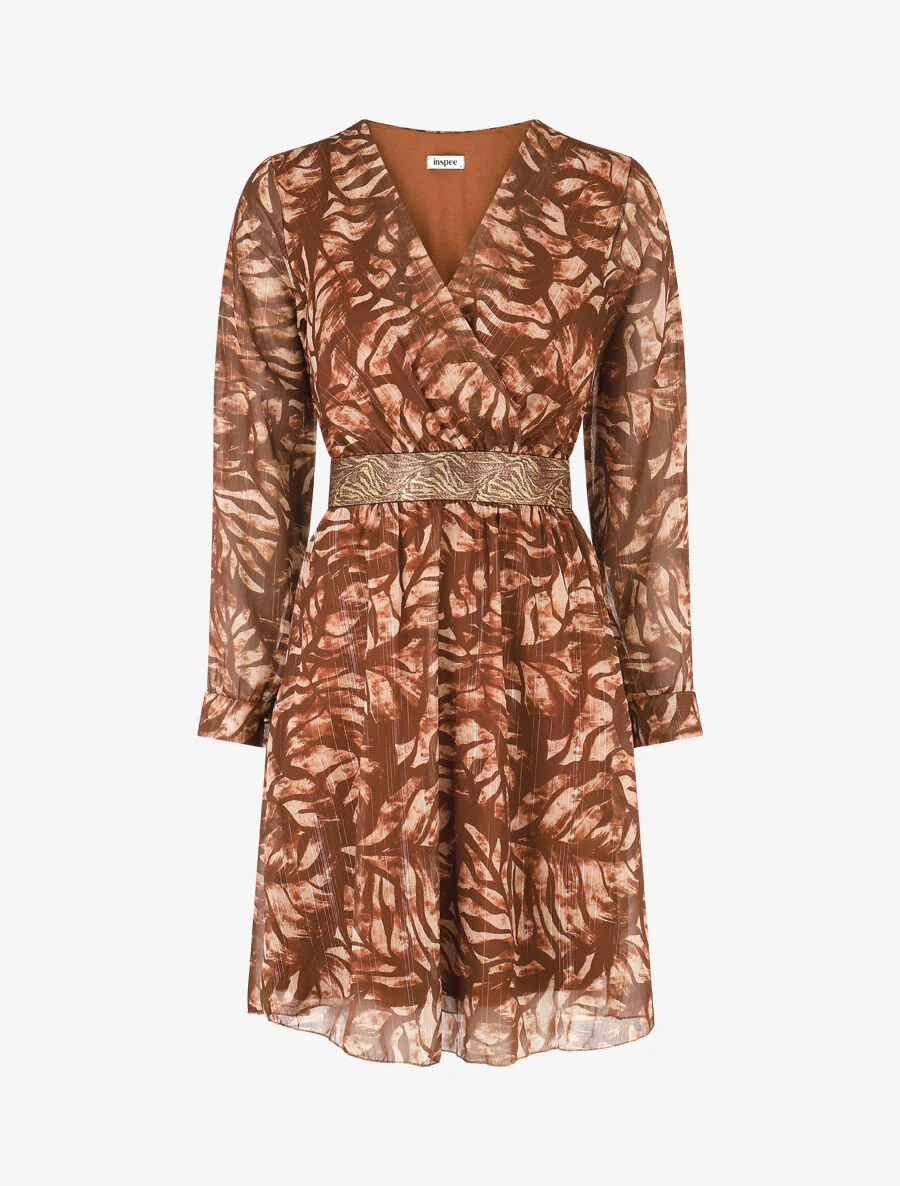 Robe fluide imprimé fleuri à taille stylisée - Marron