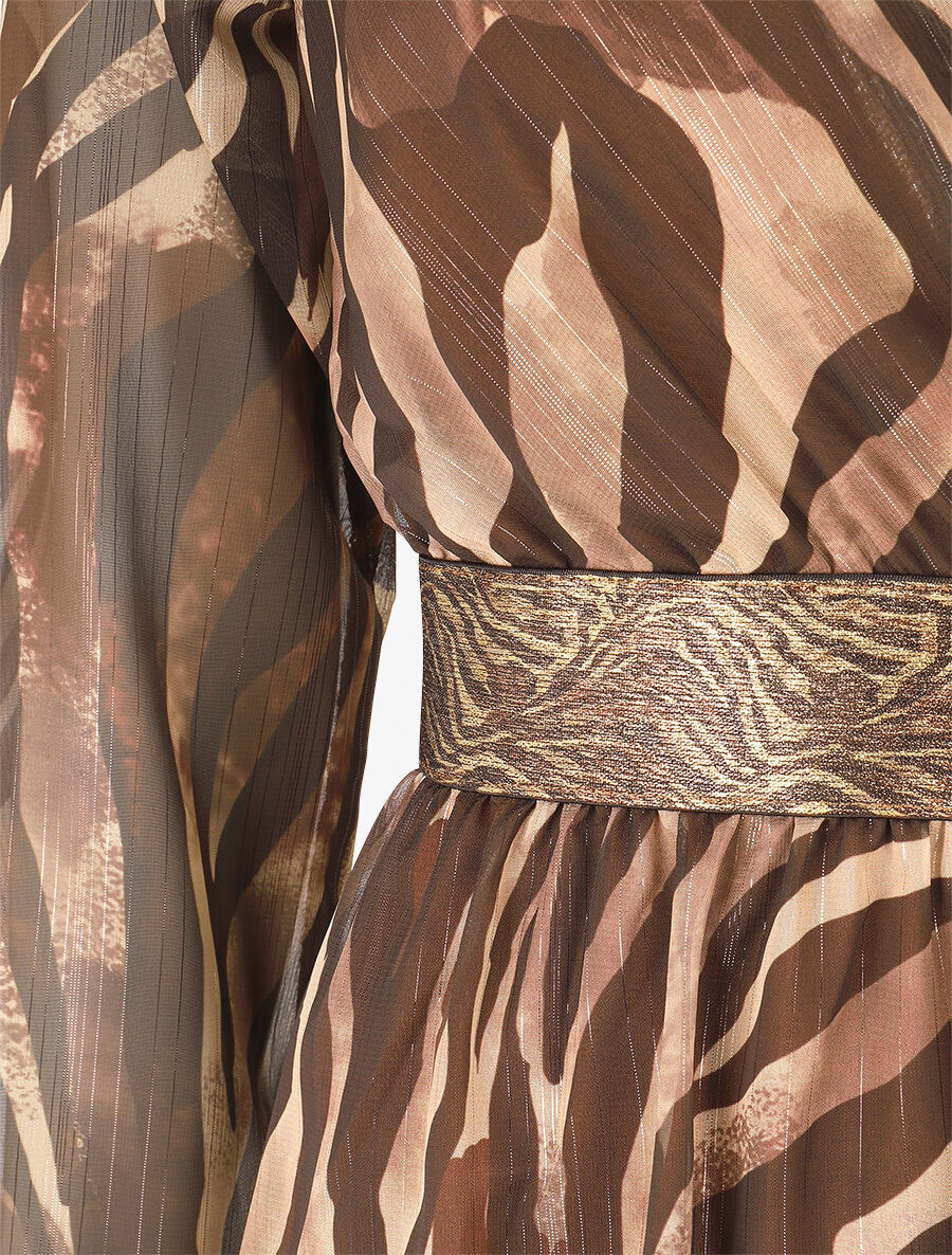 Robe fluide imprimé zébre à taille stylisée - Marron - Image 3