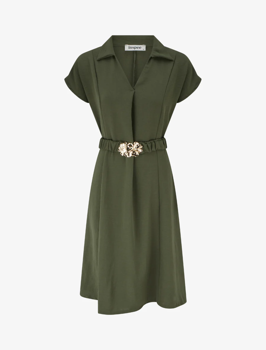 Robe fluide unie ceinturée - Kaki