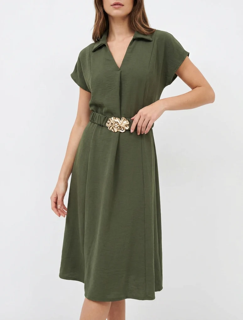 Robe fluide unie ceinturée - Kaki - Image 4