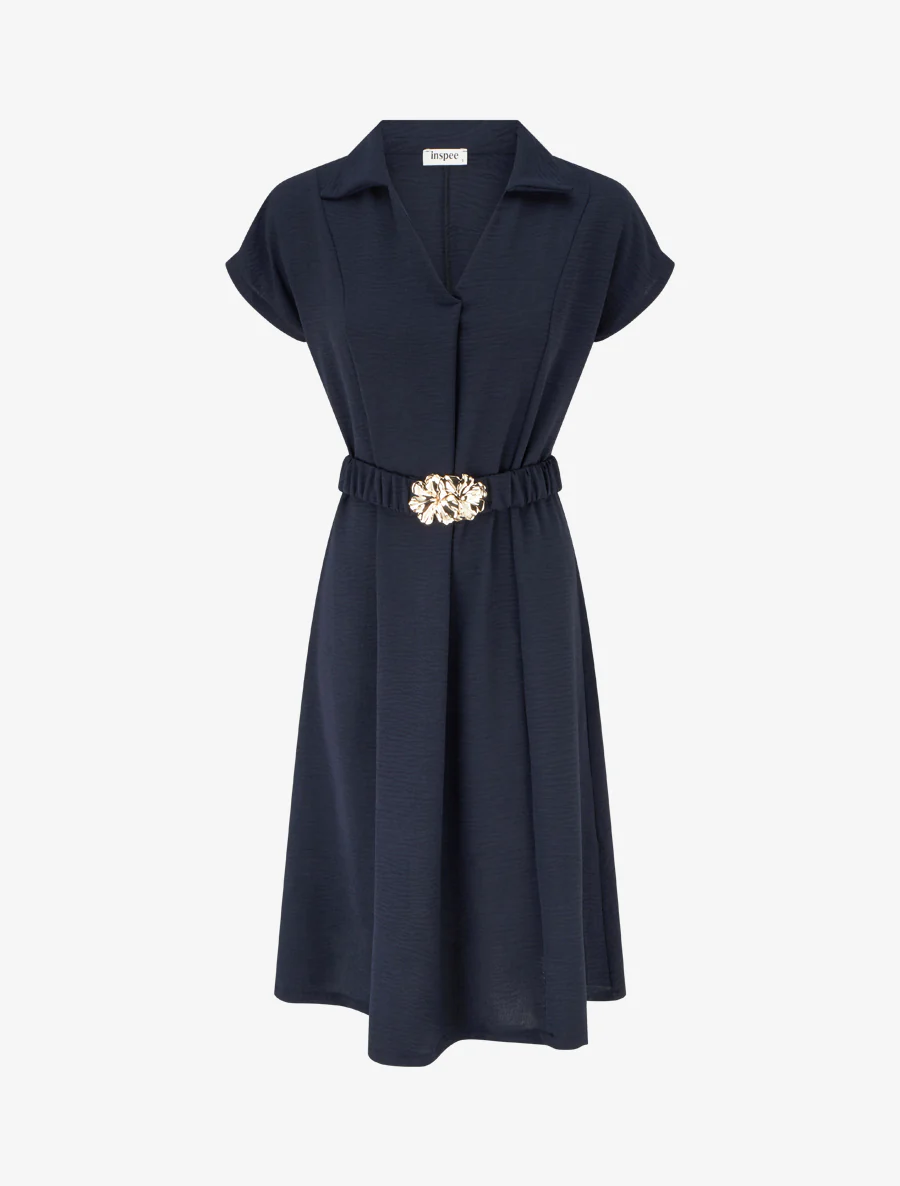 Robe fluide unie ceinturée - Marine