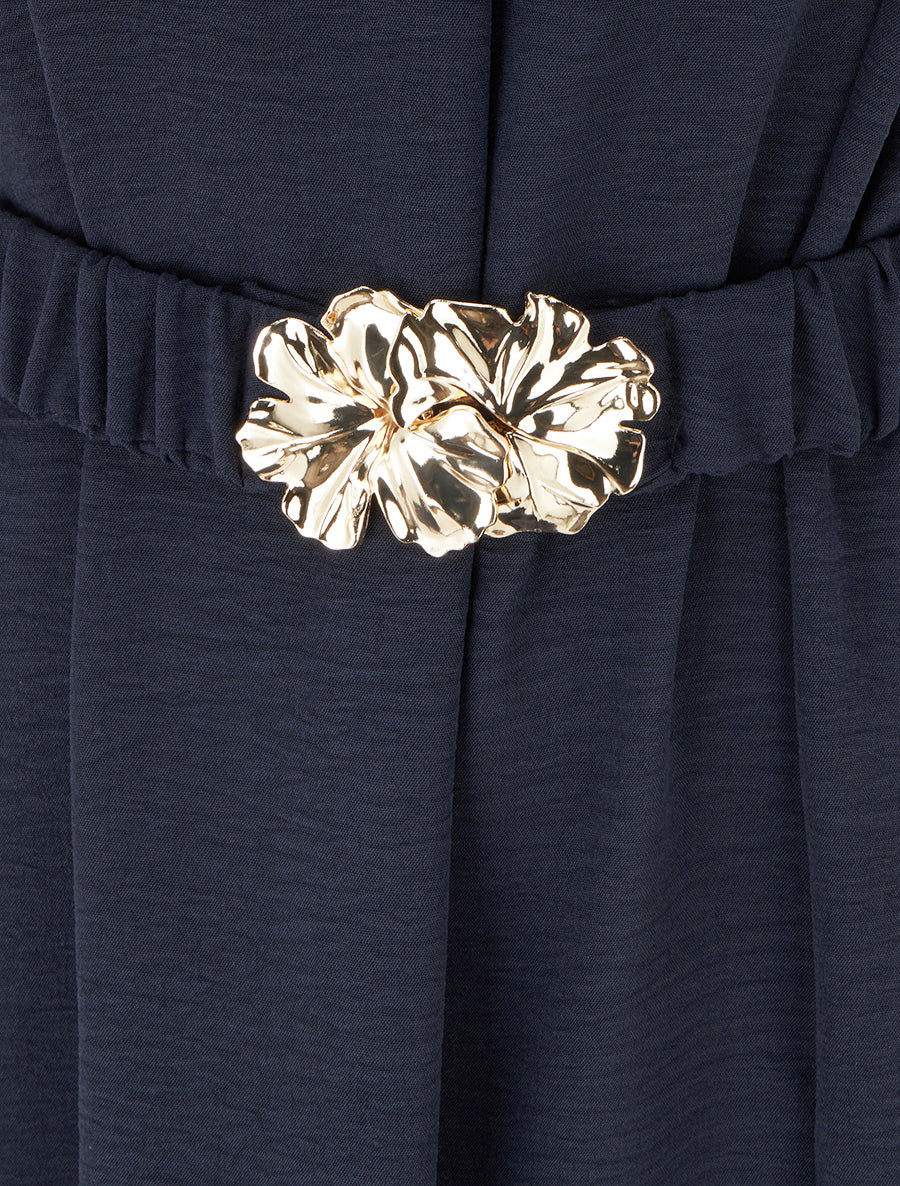Robe fluide unie ceinturée - Marine - Image 3