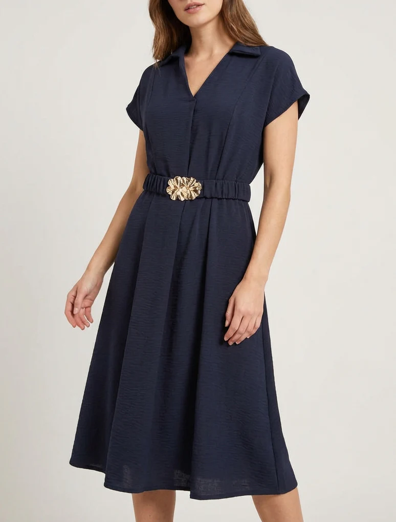 Robe fluide unie ceinturée - Marine - Image 4