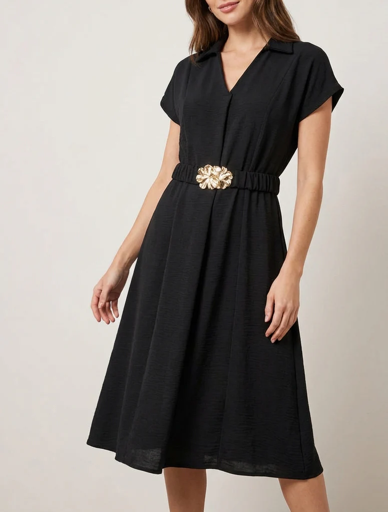 Robe fluide unie ceinturée - Noir - Image 4