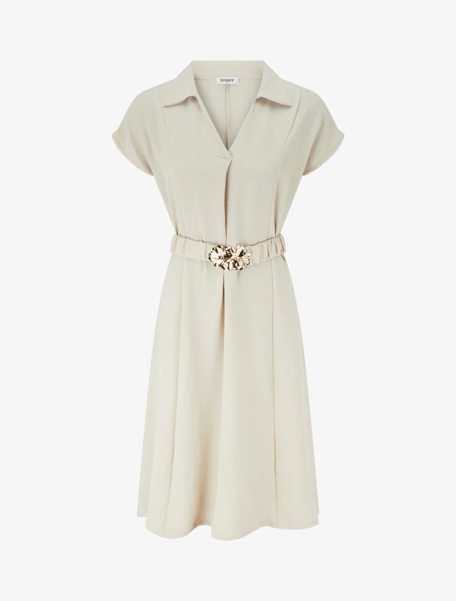 Robe fluide unie ceinturée - Beige