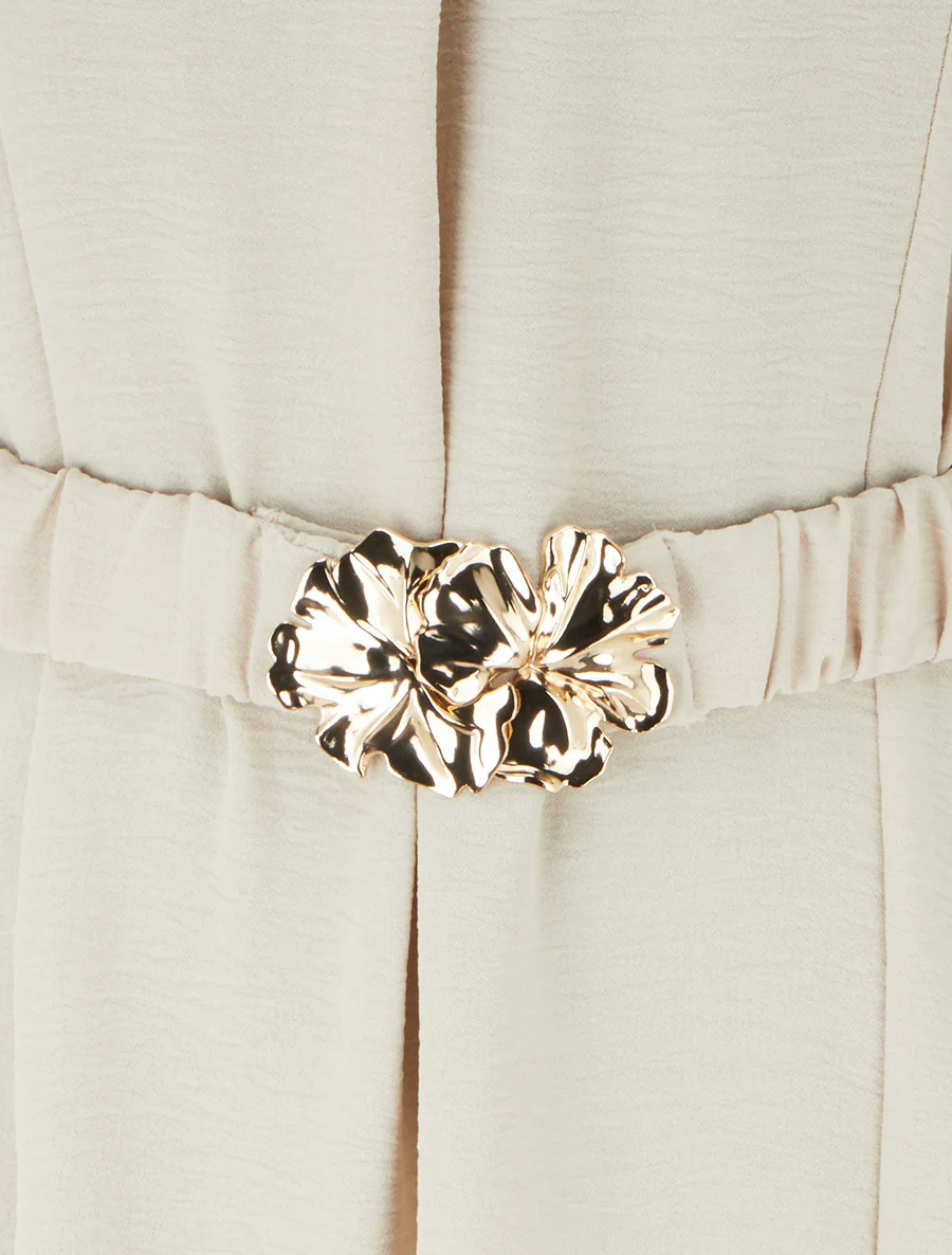 Robe fluide unie ceinturée - Beige - Image 3